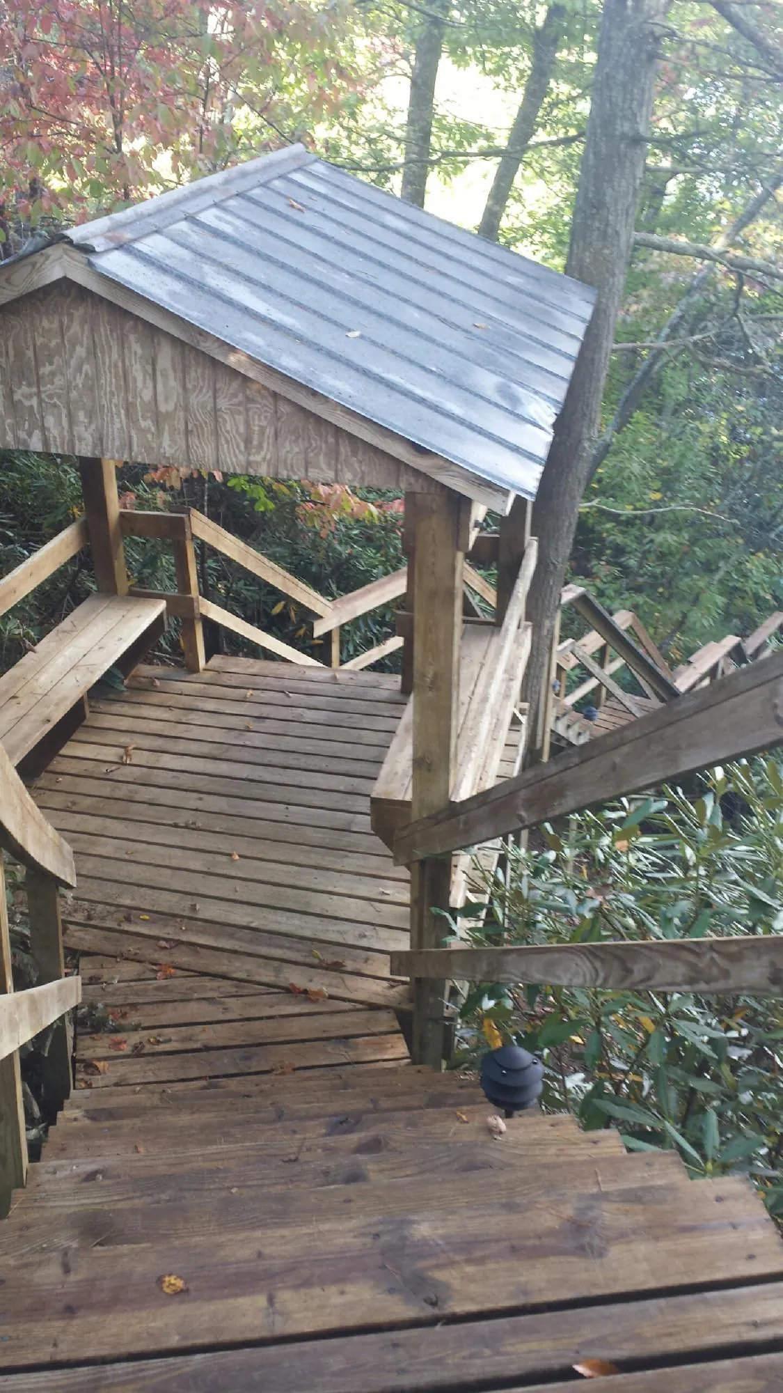 Metal roofed shelter over wooden steps on a wooded walkway — Skylight Repair & Installation work by our crew in Elkin